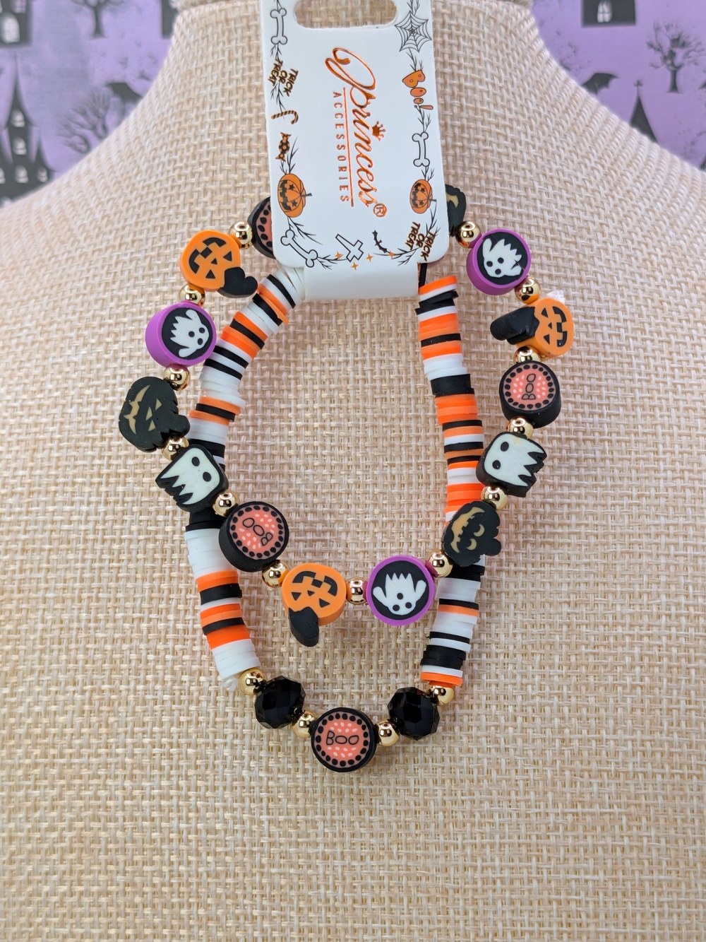 Halloween Beaded Bracelet Set - Orange, Black, White, Purple
